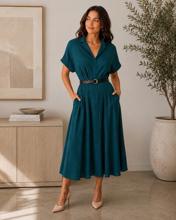 Donna Karan Dresses & Skirts - NWT Donna Karan New York Dress 8 Teal Belted Pleated Midi Shirt Dress Cocktail